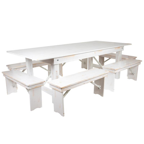 Flash Furniture XA-FARM-3-WH-GG Solid Pine Rectangular Antique Rustic White Plank Top Wood Base Hercules Series Folding Farm Table Set