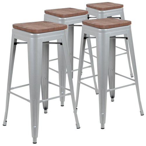 Flash Furniture 4-ET-31320W-30-SV-R-GG 500 Lbs. Silver Metal Frame with Wood Seat Indoor Bar Stool