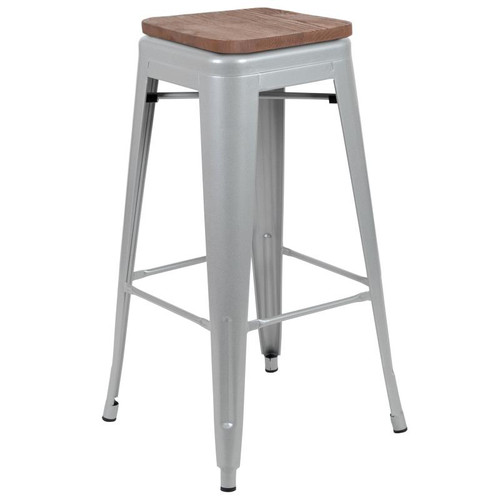 Flash Furniture 4-ET-31320W-30-SV-R-GG 500 Lbs. Silver Metal Frame with Wood Seat Indoor Bar Stool
