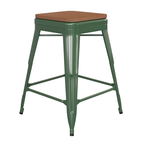 Flash Furniture CH-31320-24-GN-PL2T-GG 500 Lbs. Green Galvanized Steel Teak Poly Resin Wood Seat Kai Bar Stool