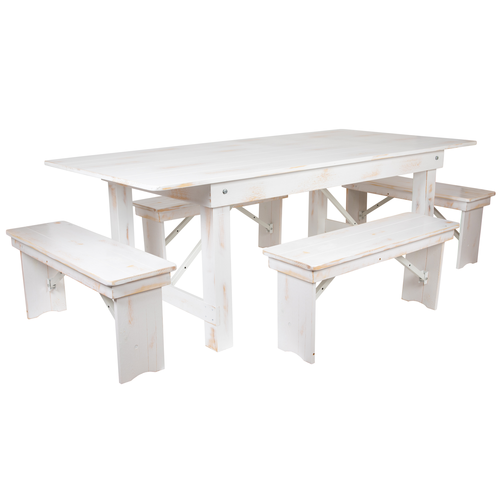 Flash Furniture XA-FARM-1-WH-GG Solid Pine Rectangular Antique Rustic White Wood Base Hercules Series Farm Table Set