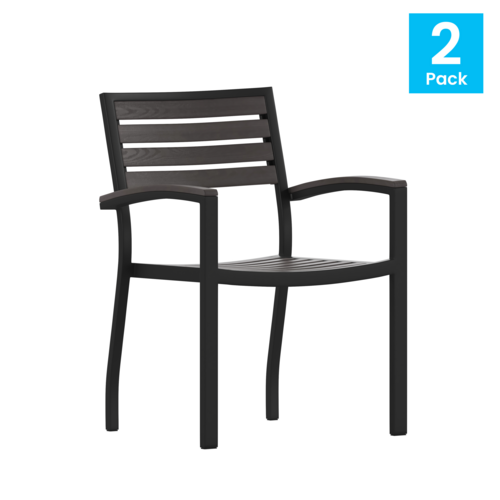 Flash Furniture 2-XU-DG-HW6006-GY-GG Gray Plastic Back Black Powder Coated Aluminum Frame Lark Stackable Faux Teak Side Chair