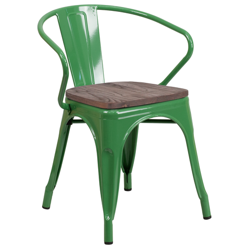 Flash Furniture CH-31270-GN-WD-GG 500 Lbs. Green Galvanized Steel Bistro Style Stacking Armchair