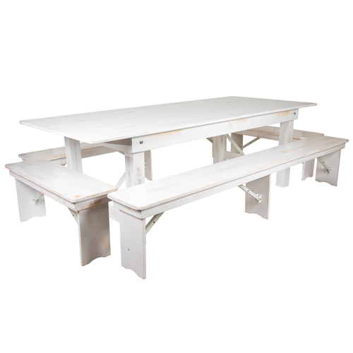 Flash Furniture XA-FARM-5-WH-GG Solid Pine Rectangular Antique Rustic White Plank Top Wood Base Hercules Series Folding Farm Table Set