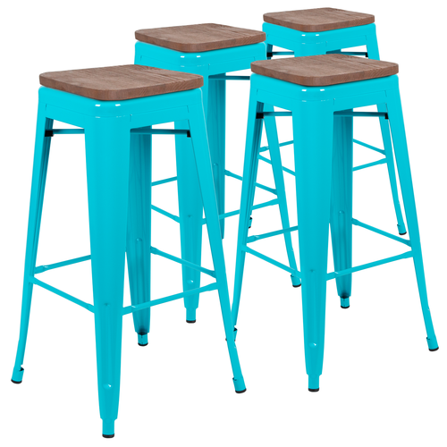 Flash Furniture 4-ET-31320W-30-TL-R-GG 500 Lbs. Teal Metal Frame with Wood Seat Indoor Bar Stool