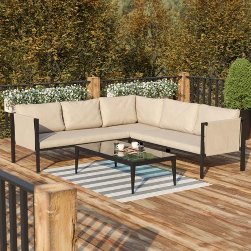 Flash Furniture GM-201108-SEC-GY-GG 1300 Lbs. Beige Fabric Back and Seat Cushions with Galvanized Steel Frame Lea Patio Sectional