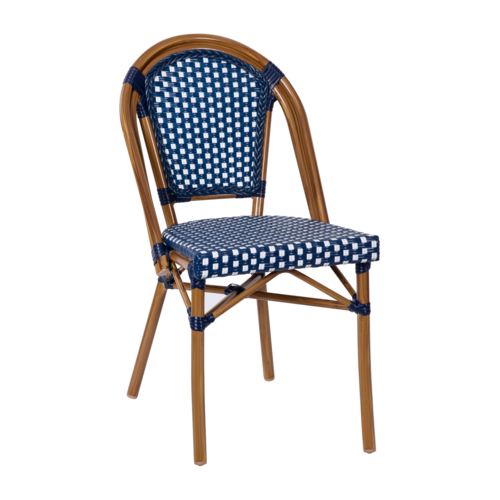 Flash Furniture SDA-AD642001-NVYWH-NAT-GG Navy and White Polyethylene Rattan Back and Seat Aluminum Frame Bordeaux Stacking French Bistro Chair