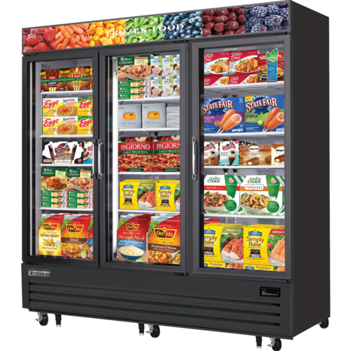 Everest Refrigeration EMGF69B 69 Cu. Ft. Black Coated Steel Three-Section (3) Glass Hinged Self-Closing Doors Reach-In Glass Door Merchandiser Freezer - 115 Volts