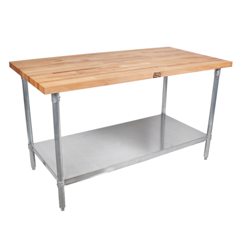 John Boos JNS04-X 72" W Wood Top Work Table with Undershelf and Galvanized Base