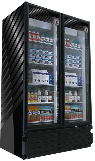 Akita AGM-37 37.4 Cu. Ft. Black 2 Hinged Glass Doors Two-Section Refrigerated Merchandiser - 115 Volts
