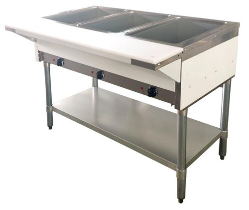 Omcan USA 47363 44.1" W x 30.4" D x 34.4" H Stainless Steel Liquid Propane Steam Table with Cutting Board and Undershelf - 10,500 BTU