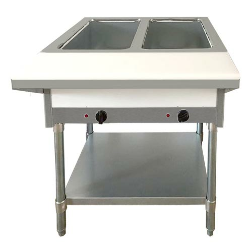 Omcan USA 47343 44.1" W x 30.4" D x 34.4" H Stainless Steel Natural Gas Steam Table with Cutting Board and Undershelf - 10,500 BTU
