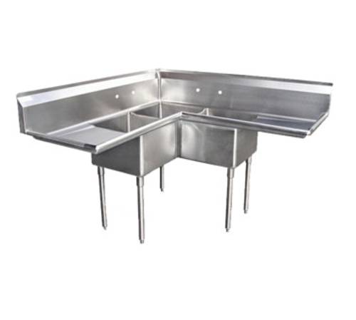 Blue Air 3C18-12L-2D 57" W x 24" D x 44.5" H 3 Compartments Stainless Steel Bowls Adjustable Feet Corner Sink
