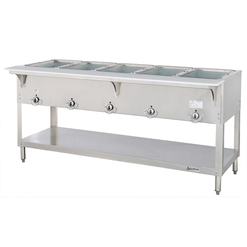 Duke E305 72.38" W Stainless Steel 5 Pan Stationary Open Shelf Base Aerohot Hot Food Station
