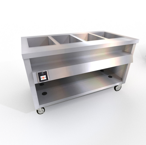Duke TWHF-60SS 60" W Stainless Steel 4 Pan Mobile Open Storage Base Thurmaduke Ganged Waterless Well