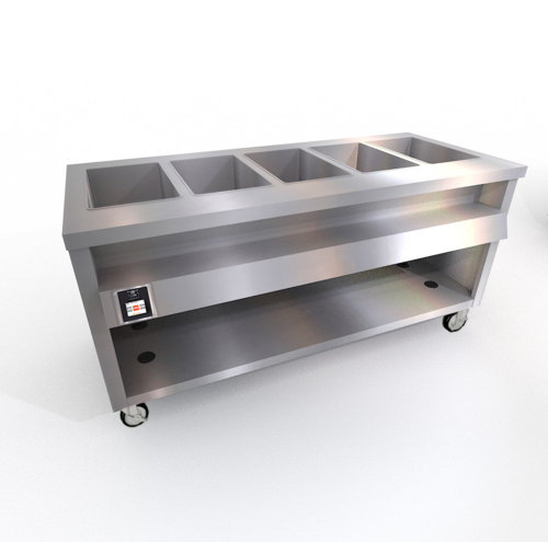Duke TWHF-74SS 74" W Stainless Steel 5 Pan Mobile Open Storage Base Thurmaduke Ganged Waterless Well