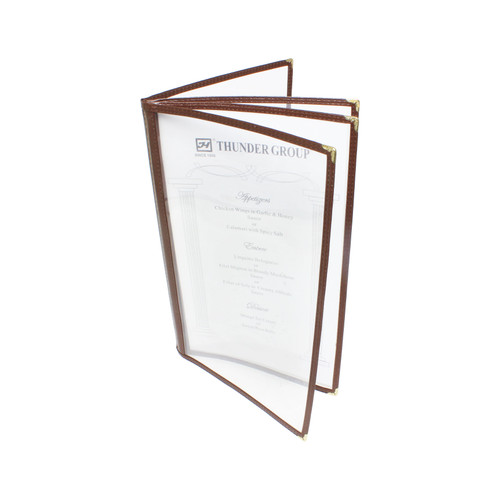 Thunder Group PLMENU-4BR Brown Plastic Laminate Legal Size 4-Page Book Fold Menu Cover