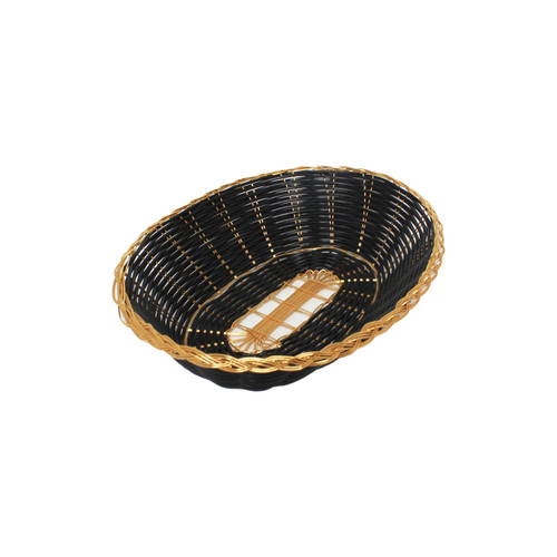 Thunder Group PLBB900G 9" W x 6.88" D x 2.25" H Black with Gold Rim Plastic Oval Basket