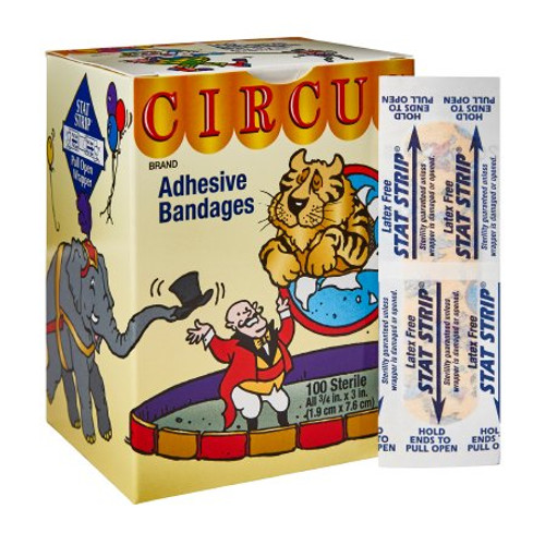 American White Cross Stat Strip 15600 Adhesive 3/4 X 3" Fabric Rectangle Kid Design (Circus) Sterile (Box of 100)