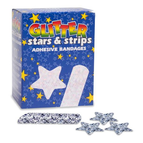 Glitter Stat Strip GLIAST100 Adhesive Strip 3/4 X 3" Plastic Rectangle Kid Design (Glitter Stars and Stripes) Sterile (Box of 100)