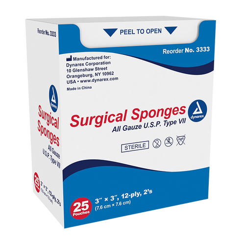 Dynarex DY3333 3" x 3" 12 Ply Sterile Surgical Gauze Sponge (Case of 1200)