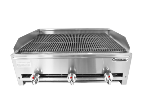 Connerton RLRB-23-42L-NG 42" W Stainless Steel Countertop Natural Gas Lava Rock with Cast Iron Bottom Grates Charbroiler - 112,000 BTU