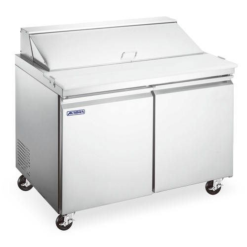 Omcan USA 59046 9.5 Cu. Ft. Stainless Steel 2-Section Aurora Refrigerated Prep Table - 115 Volts