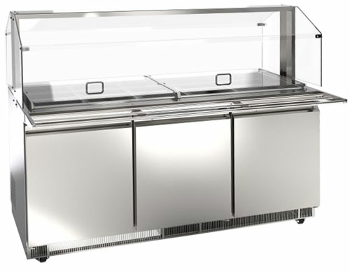 Omcan USA 50090 21.8 Cu. Ft. Stainless Steel 3-Section Refrigerated Prep Table - 110 Volts