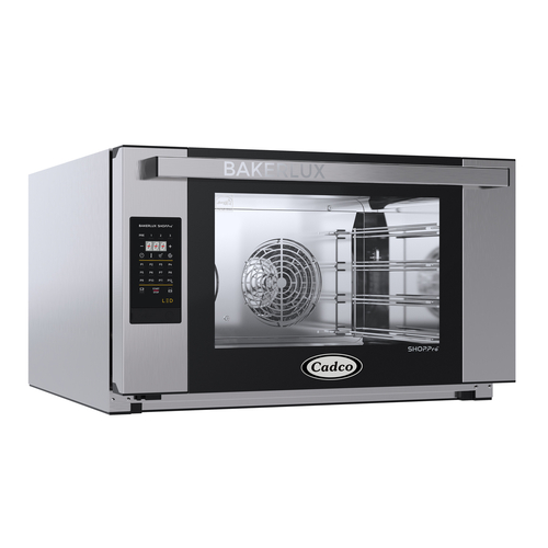 Cadco XAFT-04FS-LD 4 Pans Stainless Steel 1 Deck Full or Standard Size Bakerlux LED Heavy-Duty Convection Oven - 208-240 Volts