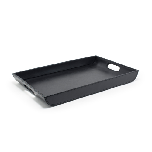 FOH RRT002BKL10 18.25" W x 12" D x 1.75" H Black Faux Leather Rectangular Tray
