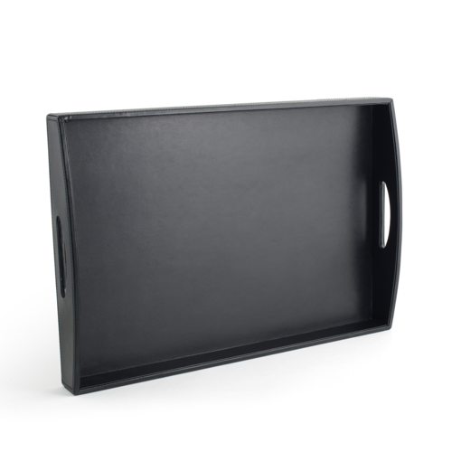 FOH RRT001BKL10 19" W x 13" D x 2.5" H Black Faux Leather Rectangular Tray with Handle