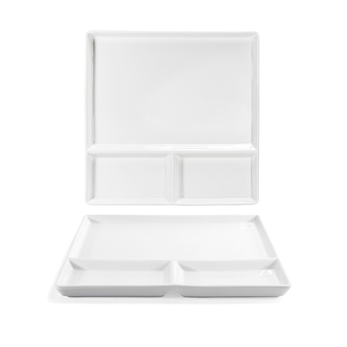 FOH DDP072WHP21 10.75" W White Square Porcelain Mod Divided Plate