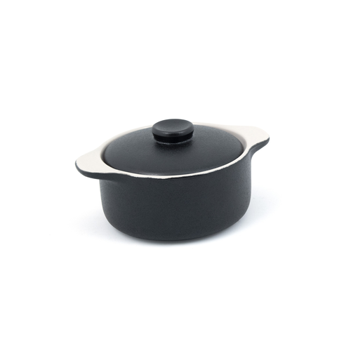 FOH DBO134BKC23 7 Oz. Black Round Ceramic Kiln Ovenware Dish with Lid
