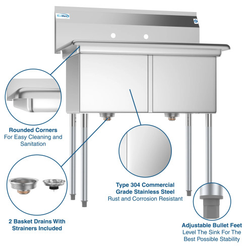 Koolmore SB151512-N3 36" W 18 Gauge Galvanized 2 Compartments Sink