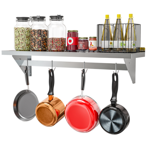 Koolmore WMPS-1248 48" W Stainless Steel 18 Gauge Wall Shelf with Pot Rack