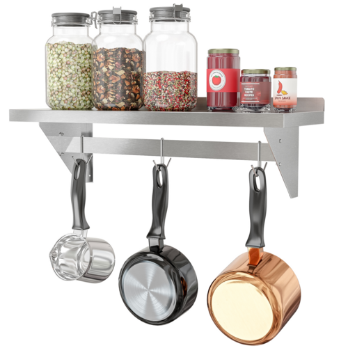 Koolmore WMPS-1236 36" W Stainless Steel 18 Gauge Wall Shelf with Pot Rack