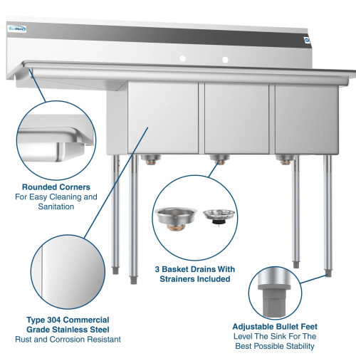 Koolmore SC121610-16L3 55" W 18 Gauge Galvanized 3 Compartments Sink