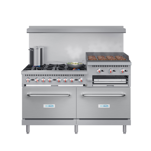 Koolmore KM-CRGB60-LP 60" W Stainless Steel 6 Burners with 24" Griddle, Broiler and 2 Ovens Liquid Propane Commercial Range