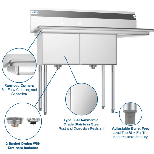 Koolmore SB151512-15R3 48" W 18 Gauge Galvanized 2 Compartments Sink