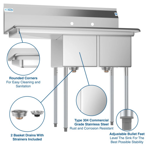 Koolmore SB121610-16L3 43" W 18 Gauge Galvanized 2 Compartments Sink