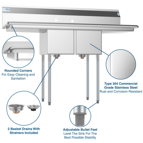 Koolmore SB121610-16B3 56.1" W 18 Gauge Galvanized 2 Compartments Sink