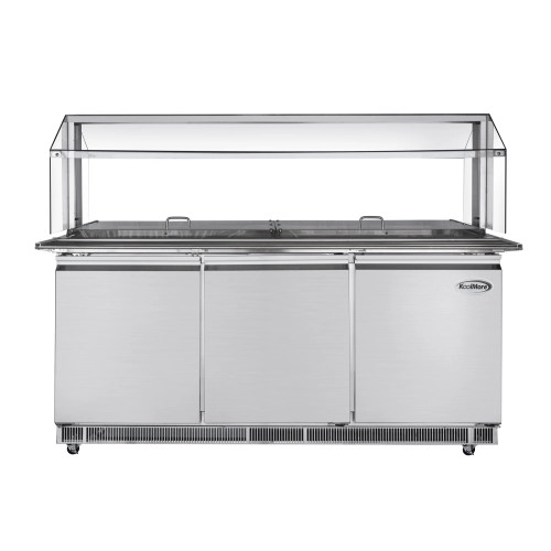 Koolmore KM-RBT-72CSFG 70.6" W Stainless Steel Refrigerated Prep Station with Sneeze Guard and Buffet Slide - 115 Volts