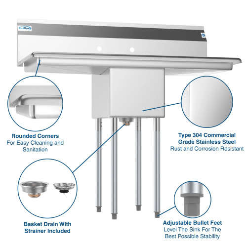 Koolmore SA121610-16B3 44.1" W Galvanized Base 18 Gauge 1 Compartment Sink