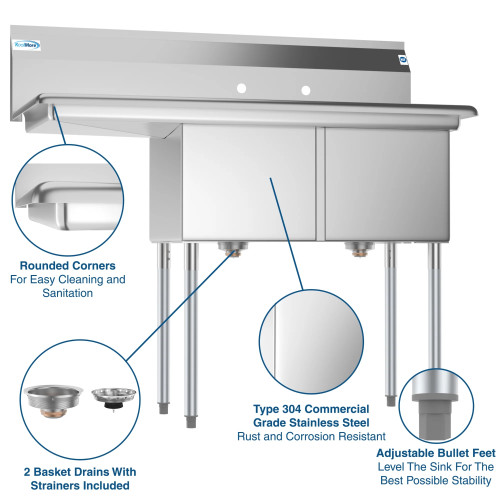 Koolmore SB151512-15L3 48" W 18 Gauge Galvanized 2 Compartments Sink