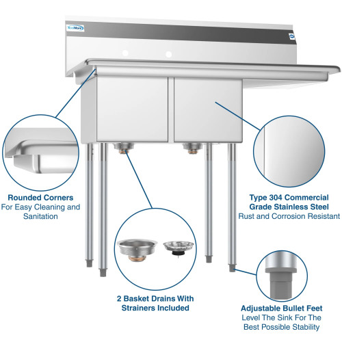Koolmore SB121610-16R3 43" W 18 Gauge Galvanized 2 Compartments Sink