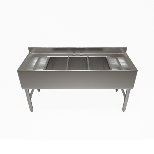 NBR Equipment UD-3-101410-60LR 60" W x 21.25" D x 32.5" H Stainless Steel (3) Compartments Premium Underbar Sink Unit