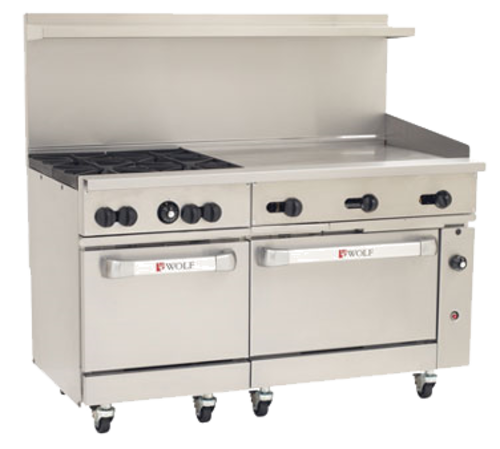 Wolf C60SC-4B36GT-LP 60" W 4 Burners Natural Gas Challenger XL Restaurant Range - 250,000 BTU