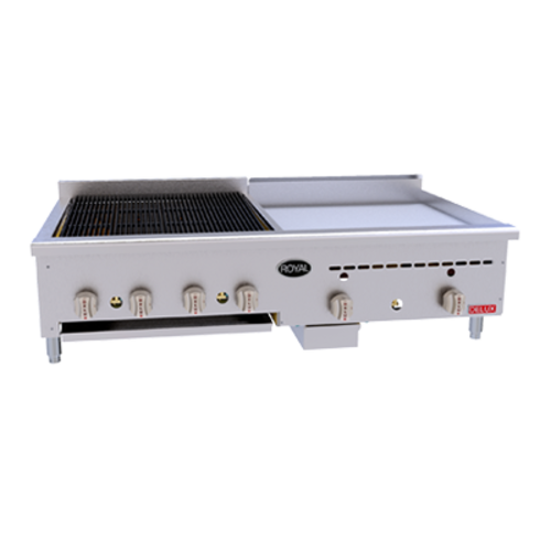 Royal Range BG-2436-LP Stainless Steel Front and Sides Countertop Liquid Propane Delux Series Charbroiler and Griddle - 130,000 BTU