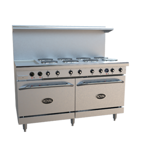 Royal Range RRE-8GT12 60" W Stainless Steel 8 Round Hotplates, 1 Griddle, and 2 Standard Ovens Electric Restaurant Range - 208 Volts