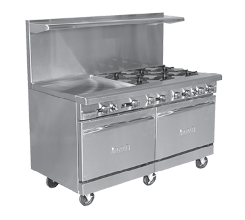 Royal Range RR-8G12-CC-NG 60" W Stainless Steel 6 Open Burners, 1 Griddle and 2 Convection Ovens Natural Gas Restaurant Range - 320,000 BTU